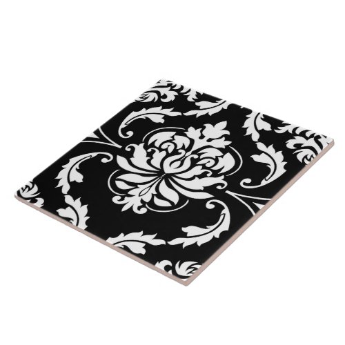 Diamond Damask in White on Black Ceramic Tile