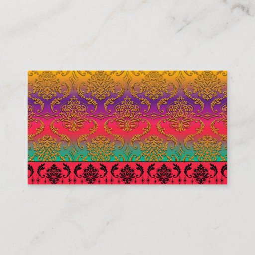 Customizable Diamond Damask, NEON RAINBOW in Goldenrod &amp; Purple Business Card Templates