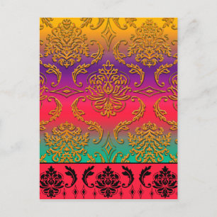 Diamond Damask, NEON RAINBOW in Goldenrod & Purple Postcard