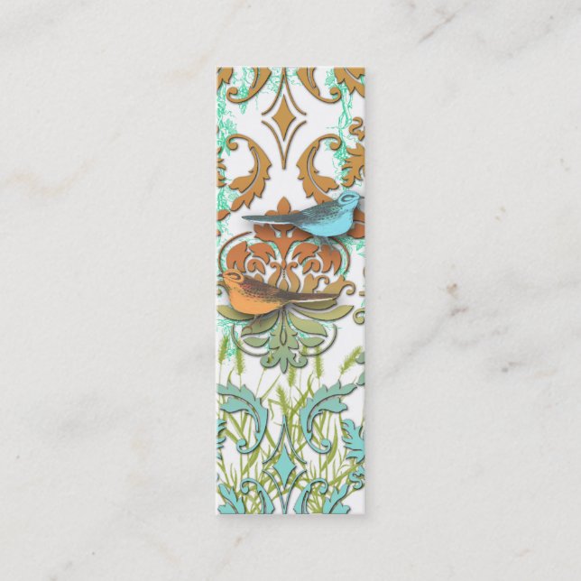 Diamond Damask, SPRING BIRDS in Orange & Aqua Mini Business Card (Front)