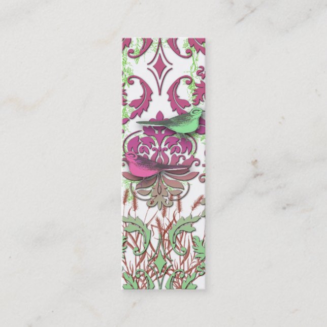 Diamond Damask, SPRING BIRDS in Raspberry & Mint Mini Business Card (Front)