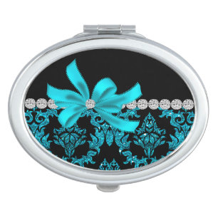 Diamond Damask (Teal Glitter) Compact Mirror