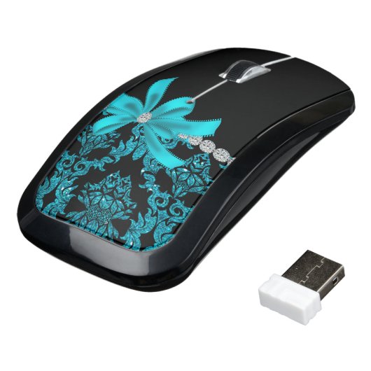 Diamond Damask (Teal Glitter) Wireless Mouse (Angled)
