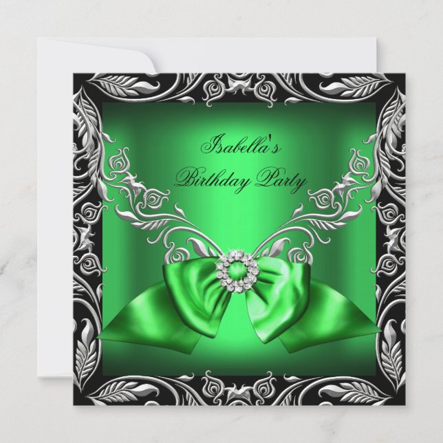 Diamond Deep Green Bow Silver Black Birthday Party Invitation (Front)