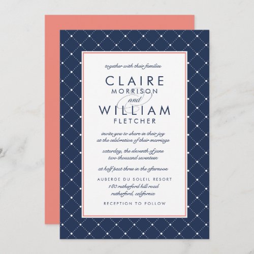 Diamond Dot Wedding Invitation  Coral and Navy