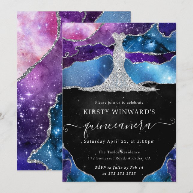 Diamond Dress and Galaxy Agate Quinceanera Invitation (Front/Back)