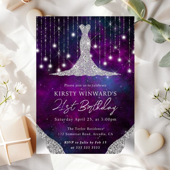 Diamond Dress & Bokeh String Lights 21st birthday Invitation (Creator Uploaded)