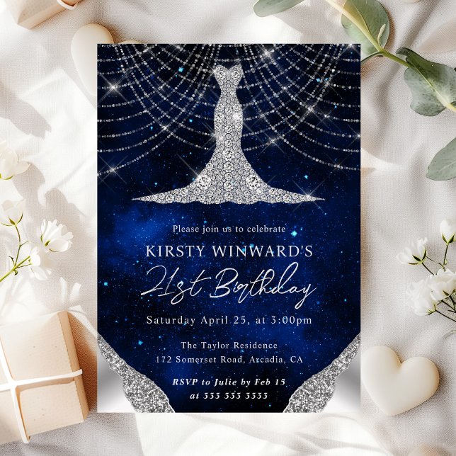 Diamond Dress & Bokeh String Lights 21st birthday Invitation (Creator Uploaded)