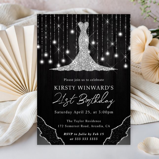 Diamond Dress & Bokeh String Lights 21st Birthday Invitation (Creator Uploaded)