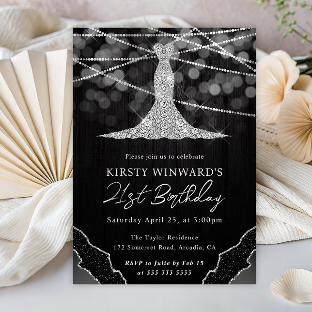 Diamond Dress & Bokeh String Lights 21st Birthday Invitation (Creator Uploaded)