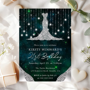 Diamond Dress & Bokeh String Lights 21st Birthday Invitation