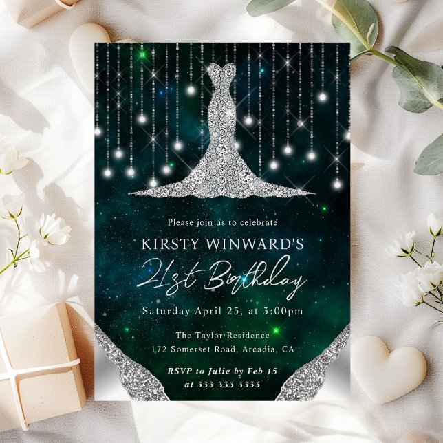 Diamond Dress & Bokeh String Lights 21st Birthday Invitation (Creator Uploaded)