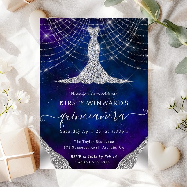Diamond Dress & Bokeh String Lights Quinceanera Invitation (Creator Uploaded)