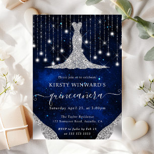 Diamond Dress & Bokeh String Lights Quinceanera Invitation