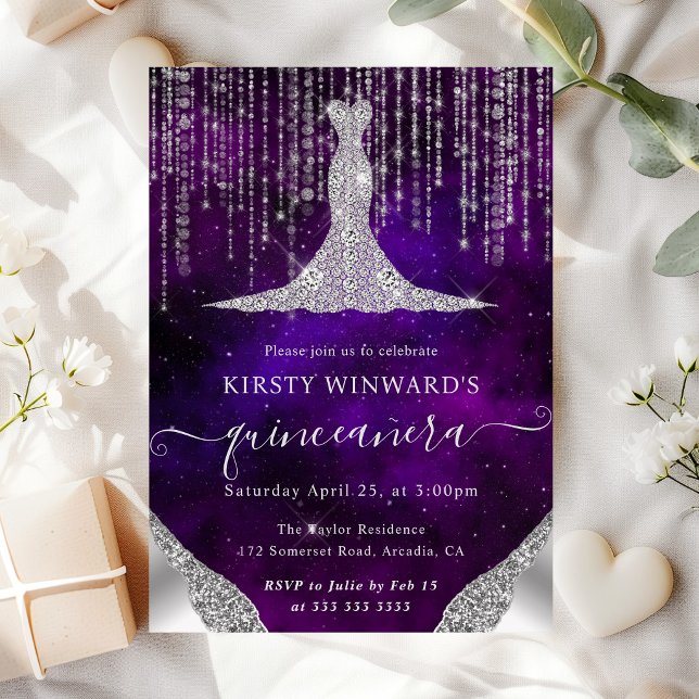 Diamond Dress & Bokeh String Lights Quinceanera Invitation (Creator Uploaded)