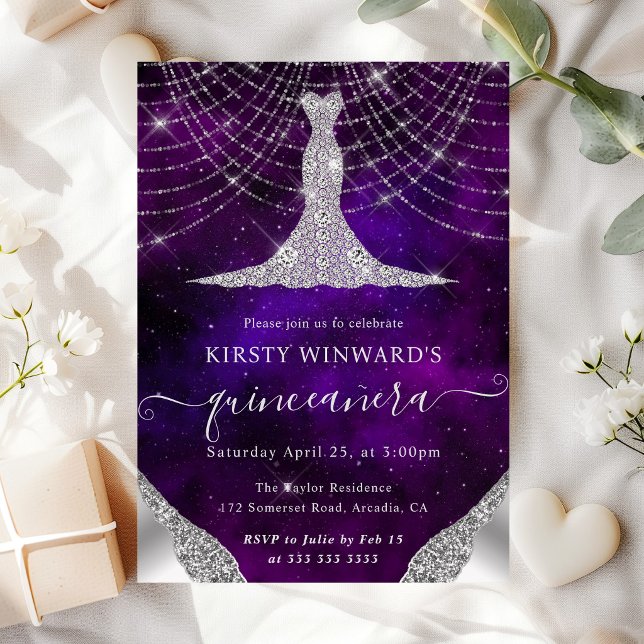 Diamond Dress & Bokeh String Lights Quinceanera Invitation (Creator Uploaded)
