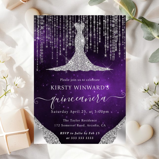 Diamond Dress & Bokeh String Lights Quinceanera Invitation (Creator Uploaded)