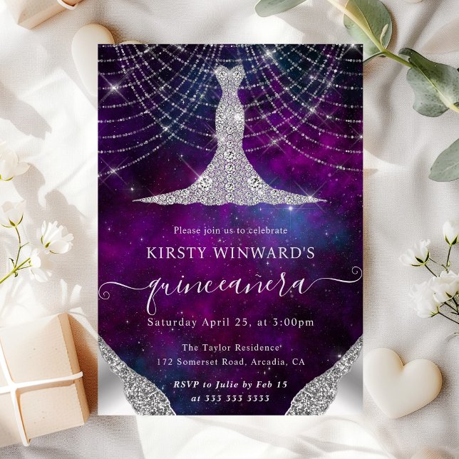 Diamond Dress & Bokeh String Lights Quinceanera Invitation (Creator Uploaded)