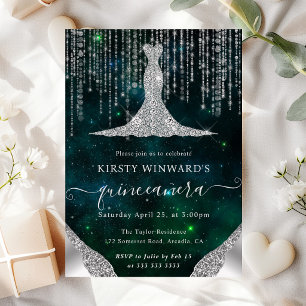 Diamond Dress & Bokeh String Lights Quinceanera Invitation