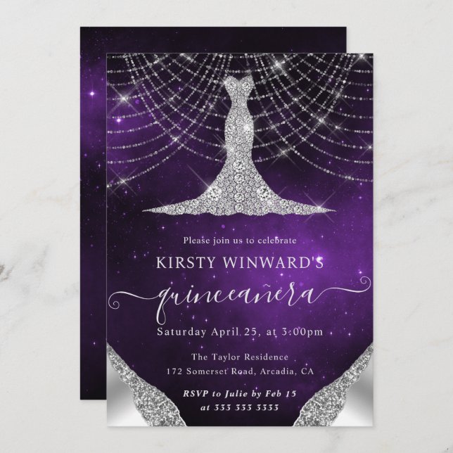 Diamond Dress & Bokeh String Lights Quinceanera Invitation (Front/Back)