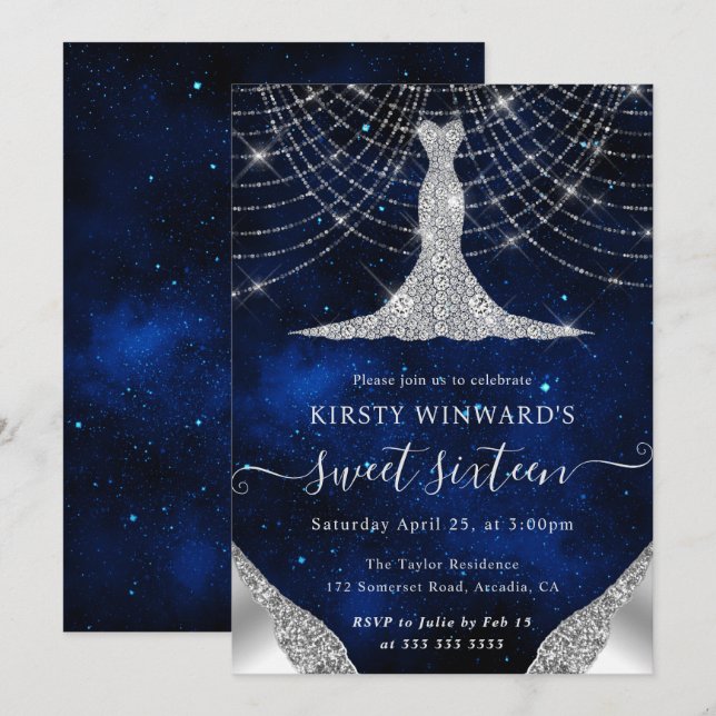 Diamond Dress & Bokeh String Lights Sweet 16 Invitation (Front/Back)