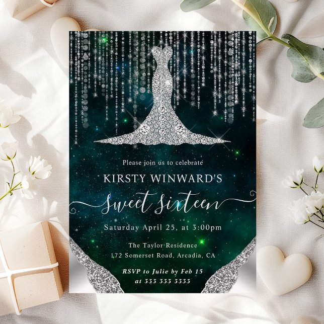 Diamond Dress & Bokeh String Lights Sweet 16 Invitation (Creator Uploaded)