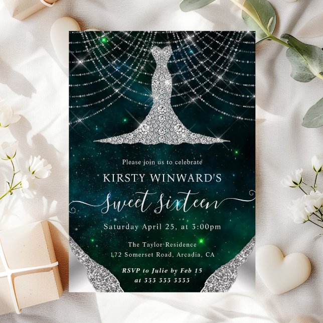 Diamond Dress & Bokeh String Lights Sweet 16 Invitation (Creator Uploaded)