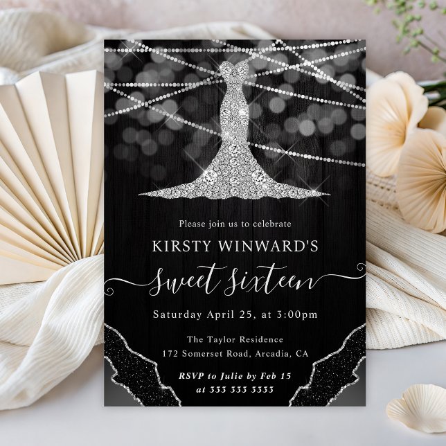 Diamond Dress & Bokeh String Lights Sweet 16 Invitation (Creator Uploaded)