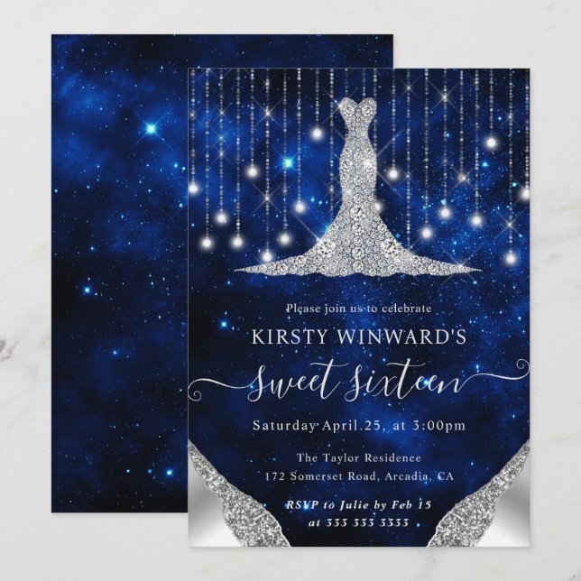 Diamond Dress & Bokeh String Lights Sweet 16 Invitation (Front/Back)