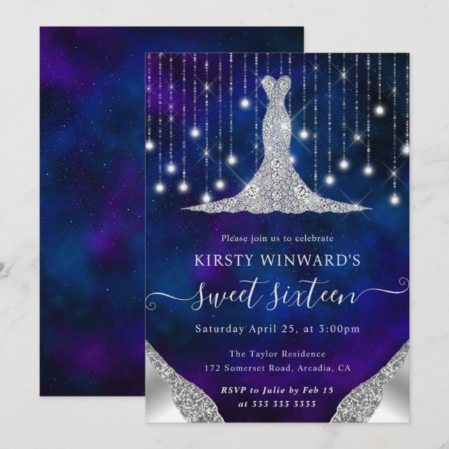 Diamond Dress & Bokeh String Lights Sweet 16 Invitation (Front/Back)