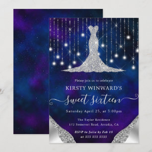 Diamond Dress & Bokeh String Lights Sweet 16 Invitation
