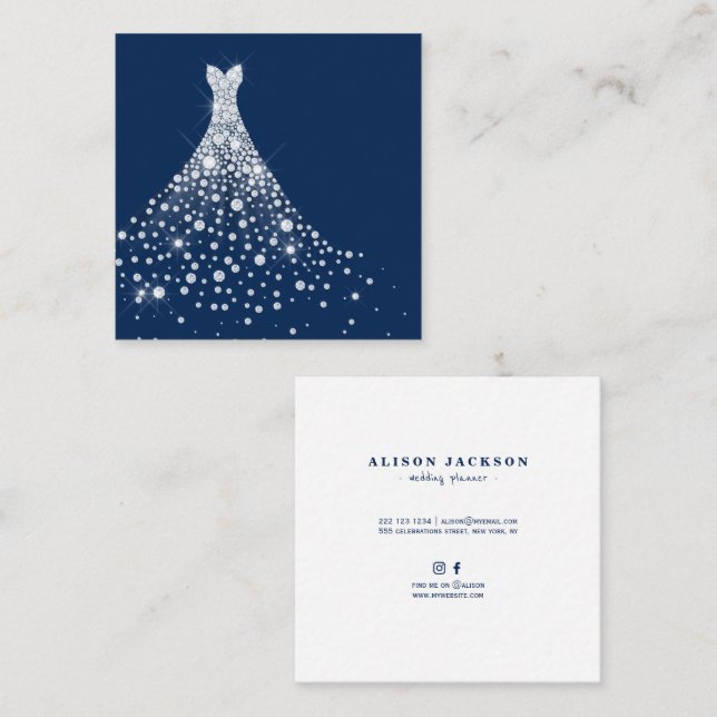Diamond dress on navy blue wedding planner square business card (Front/Back)