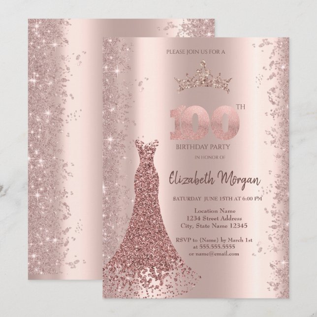 Diamond Dress Rose Gold Glitter Dust 100th Invitation (Front/Back)