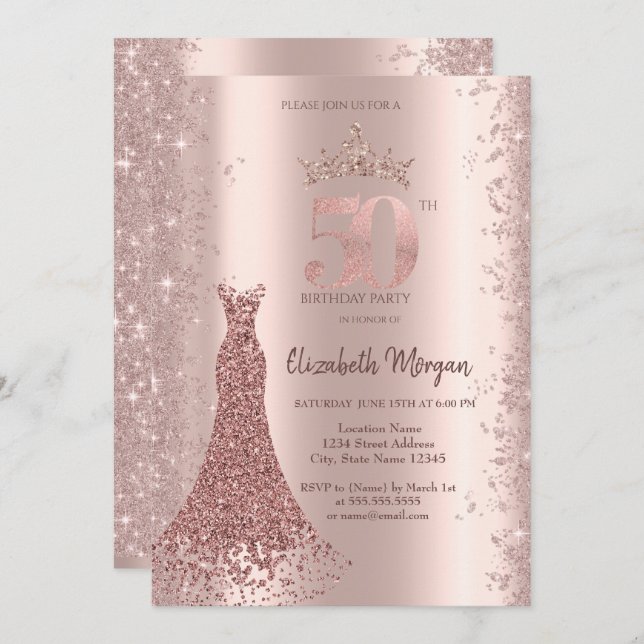 Diamond Dress Rose Gold Glitter Dust 60th Birthday Invitation (Front/Back)