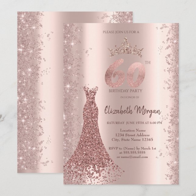 Diamond Dress Rose Gold Glitter Dust 60th Birthday Invitation (Front/Back)