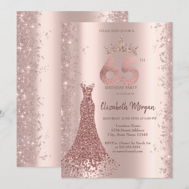 Diamond Dress Rose Gold Glitter Dust 65th Birthday Invitation (Front/Back)