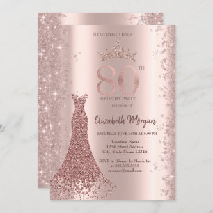 Diamond Dress Rose Gold Glitter Dust 80th Birthday Invitation