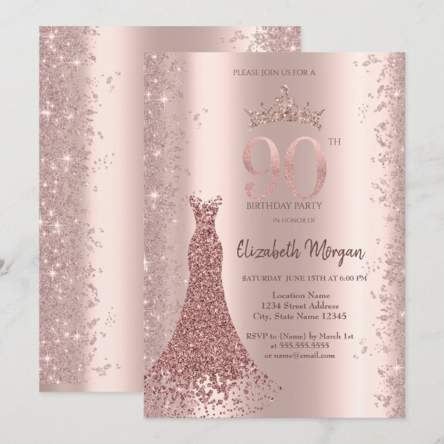 Diamond Dress Rose Gold Glitter Dust 90th Birthday Invitation (Front/Back)