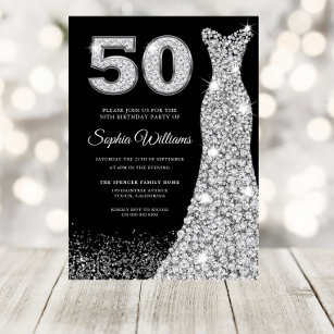 Diamond Dress Womans 50th Birthday Party Black Invitation