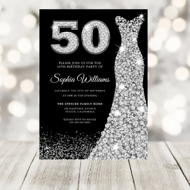 Diamond Dress Womans 50th Birthday Party Black Invitation