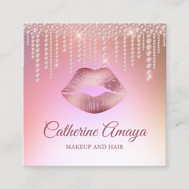 Diamond Drips Rose Gold Makeup Hair Appointment Square Business Card (Front)