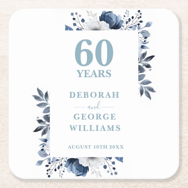 Diamond Elegant Floral 60th Wedding Anniversary  Square Paper Coaster (Front)