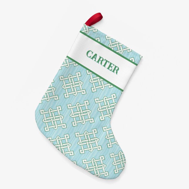 Diamond Endless Knot in Green + Aqua Personalized Small Christmas Stocking (Front (Hanging))