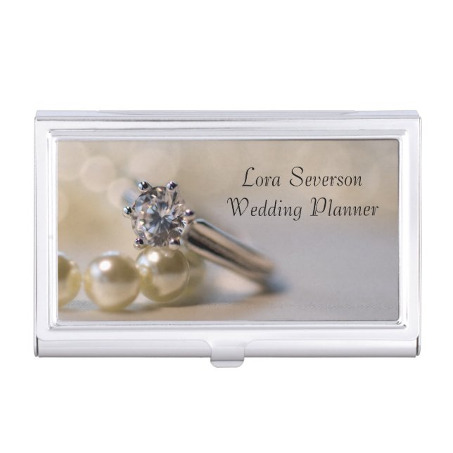 Diamond Engagement Ring and Pearls Wedding Planner Case For Business Cards (Front)