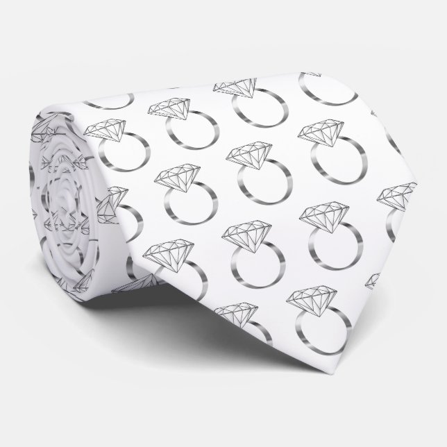 Diamond Engagement Wedding Silver Ring Pattern Neck Tie (Rolled)