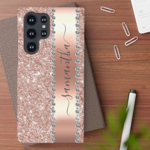 Diamond Faux Bling Glitter Calligraphy Rose Gold Samsung Galaxy S22 Ultra Case