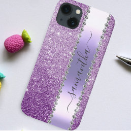 Diamond Faux Glitter Calligraphy Name Purple  Case-Mate iPhone 14 Case