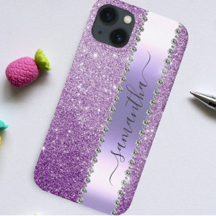 Diamond Faux Glitter Calligraphy Name Purple iPhone 14 Case