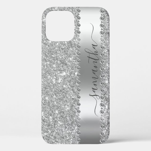 Diamond Faux  Glitter Calligraphy Name Silver Case-Mate iPhone Case (Back)