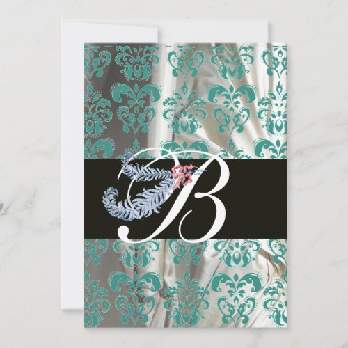 DIAMOND FEATHER BLUE WHITE SILK DAMASK MONOGRAM INVITATION